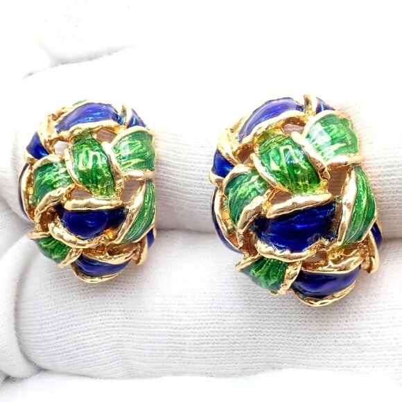 Vintage Tiffany & Co Green Blue Enamel 18k Yellow Gold Basket Weave Earrings - Picture 7 of 12